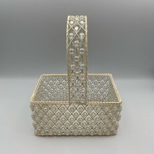 Vintage Small Iridescent Beaded Cream Metal Basket with Handle